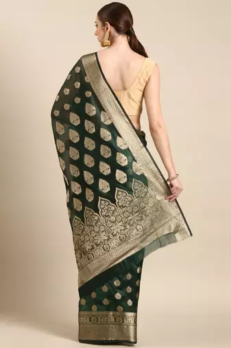 Bottle Green Organza Faux Kanjeevaram Woven Saree With Unstitched Blouse Piece
