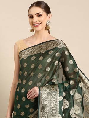 Bottle Green Organza Faux Kanjeevaram Woven Saree With Unstitched Blouse Piece 3