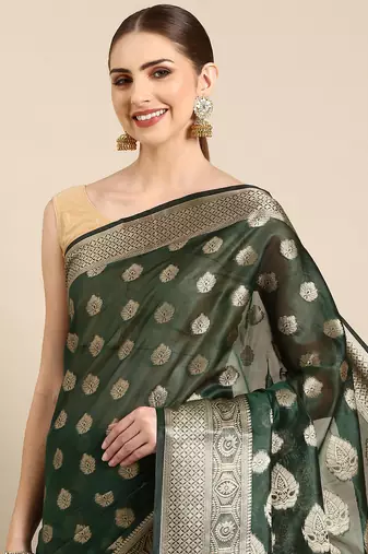Bottle Green Organza Faux Kanjeevaram Woven Saree With Unstitched Blouse Piece