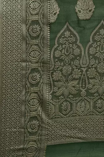 Bottle Green Organza Faux Kanjeevaram Woven Saree With Unstitched Blouse Piece