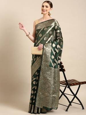 Bottle Green Organza Faux Kanjeevaram Woven Saree With Unstitched Blouse Piece 1