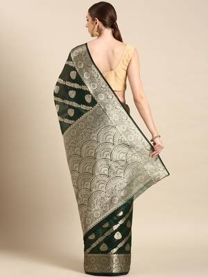Bottle Green Organza Faux Kanjeevaram Woven Saree With Unstitched Blouse Piece 2
