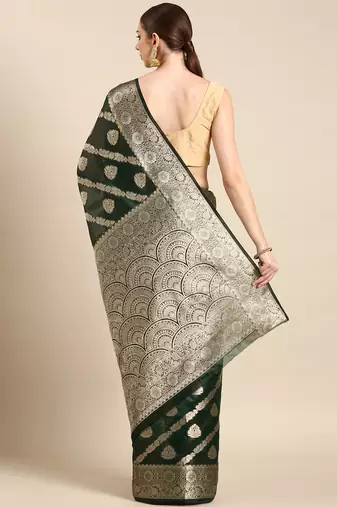 Bottle Green Organza Faux Kanjeevaram Woven Saree With Unstitched Blouse Piece