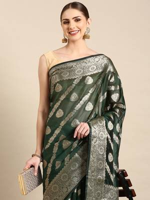 Bottle Green Organza Faux Kanjeevaram Woven Saree With Unstitched Blouse Piece 3