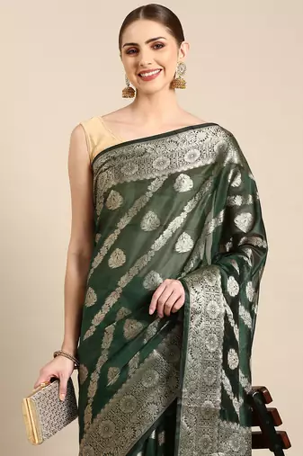 Bottle Green Organza Faux Kanjeevaram Woven Saree With Unstitched Blouse Piece
