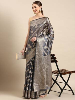 Navy Blue Organza Faux Kanjeevaram Woven Saree With Unstitched Blouse Piece 1