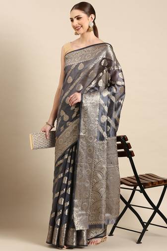 Navy Blue Organza Faux Kanjeevaram Woven Saree With Unstitched Blouse Piece