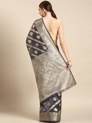 Navy Blue Organza Faux Kanjeevaram Woven Saree With Unstitched Blouse Piece 2