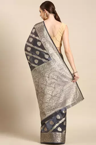 Navy Blue Organza Faux Kanjeevaram Woven Saree With Unstitched Blouse Piece