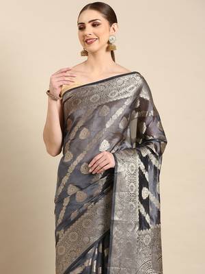 Navy Blue Organza Faux Kanjeevaram Woven Saree With Unstitched Blouse Piece 3