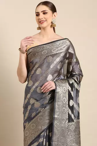 Navy Blue Organza Faux Kanjeevaram Woven Saree With Unstitched Blouse Piece