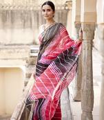 Red Black Pure Kota Silk Hand Dyed Leheriya Saree