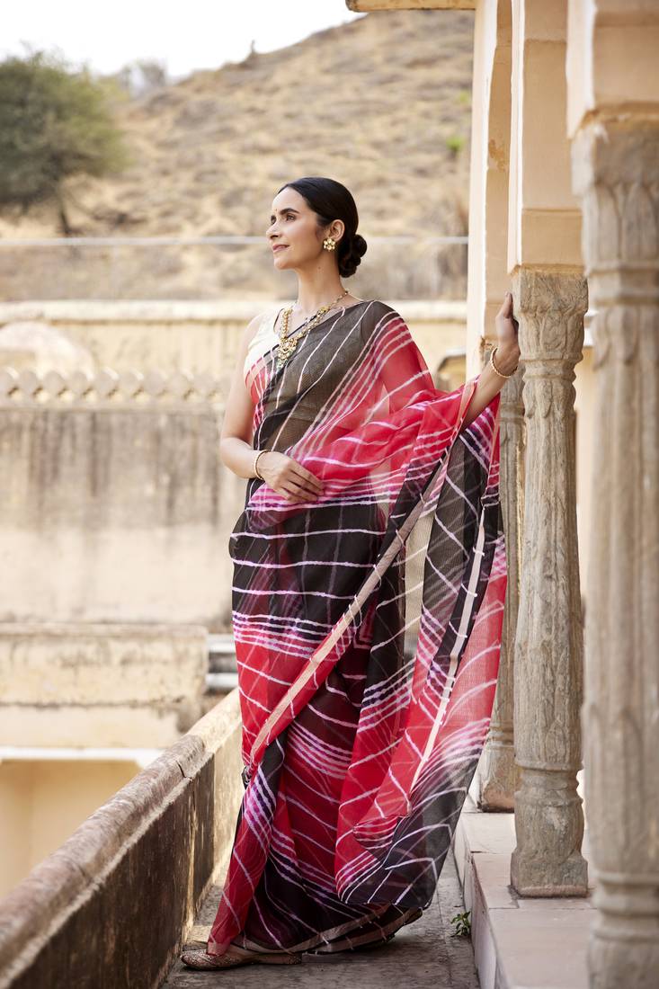Red Black Pure Kota Silk Hand Dyed Leheriya Saree