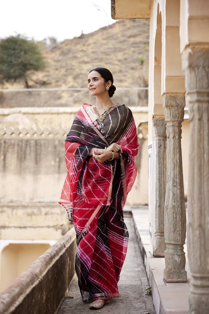 Red Black Pure Kota Silk Hand Dyed Leheriya Saree