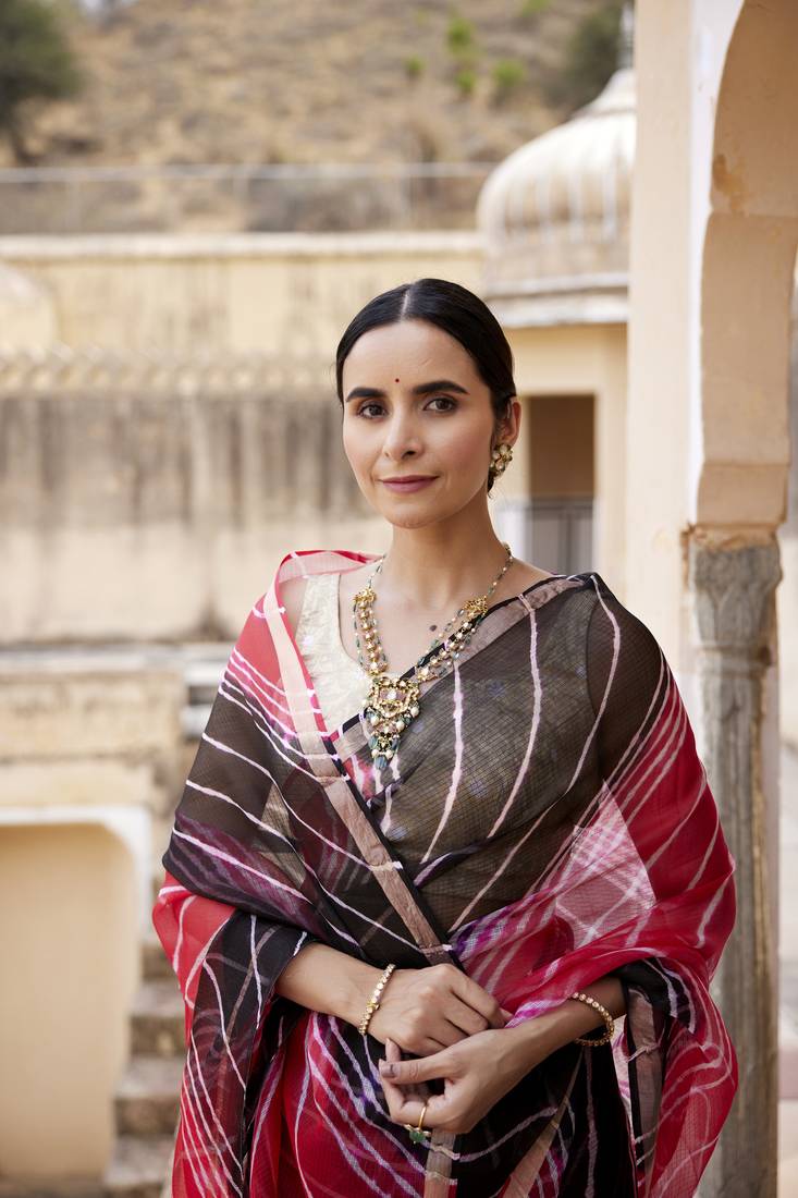 Red Black Pure Kota Silk Hand Dyed Leheriya Saree