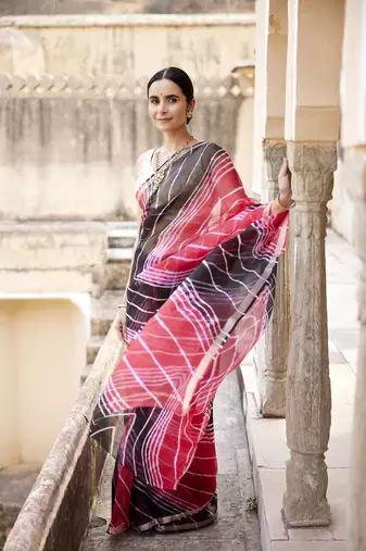 Red Black Pure Kota Silk Hand Dyed Leheriya Saree
