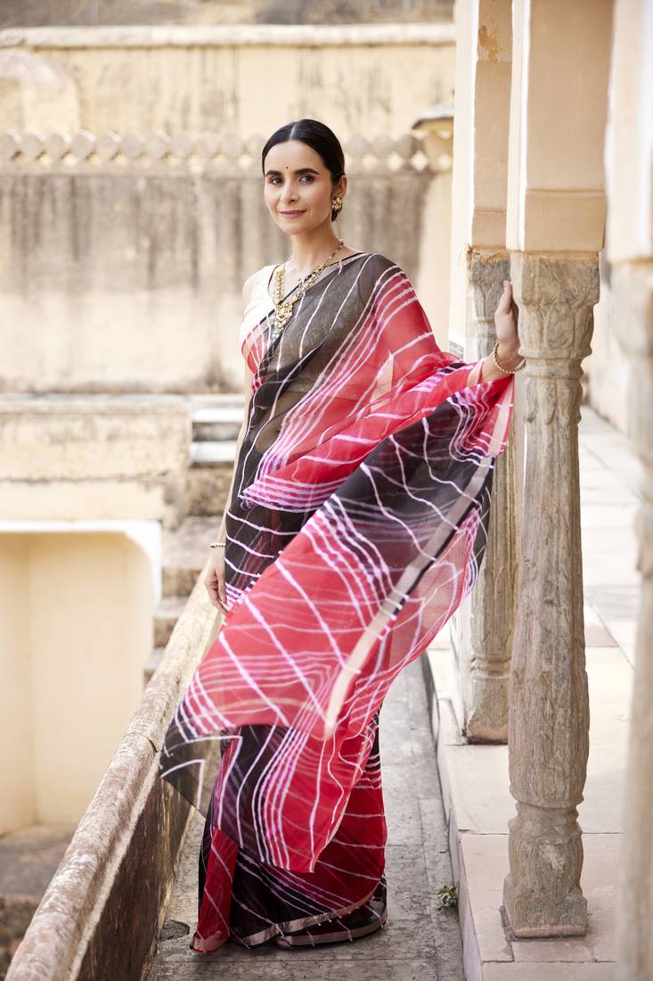 Red Black Pure Kota Silk Hand Dyed Leheriya Saree