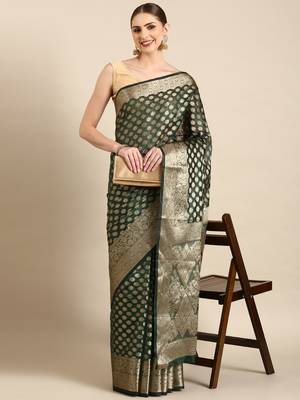 Bottle Green Organza Faux Kanjeevaram Woven Saree With Unstitched Blouse Piece 1