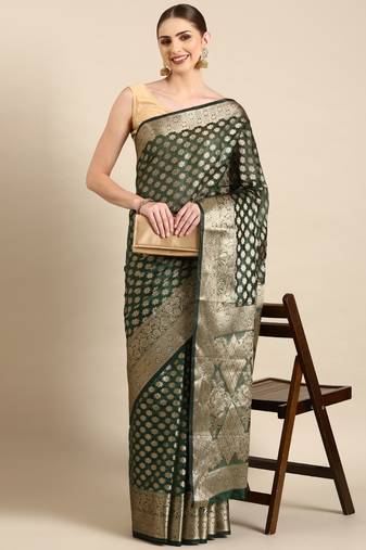 Bottle Green Organza Faux Kanjeevaram Woven Saree With Unstitched Blouse Piece
