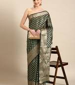 Bottle Green Organza Faux Kanjeevaram Woven Saree With Unstitched Blouse Piece