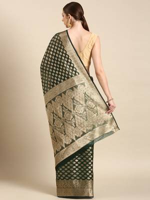 Bottle Green Organza Faux Kanjeevaram Woven Saree With Unstitched Blouse Piece 2