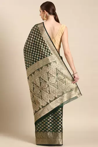 Bottle Green Organza Faux Kanjeevaram Woven Saree With Unstitched Blouse Piece