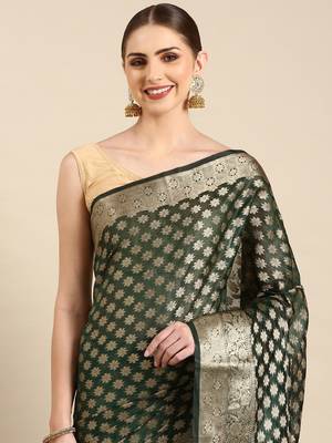 Bottle Green Organza Faux Kanjeevaram Woven Saree With Unstitched Blouse Piece 3