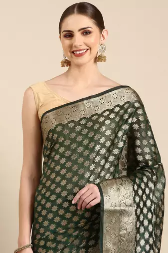 Bottle Green Organza Faux Kanjeevaram Woven Saree With Unstitched Blouse Piece
