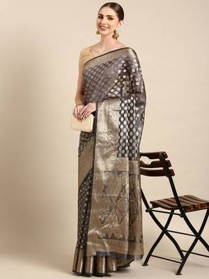 Navy Blue Organza Faux Kanjeevaram Woven Saree With Unstitched Blouse Piece 1