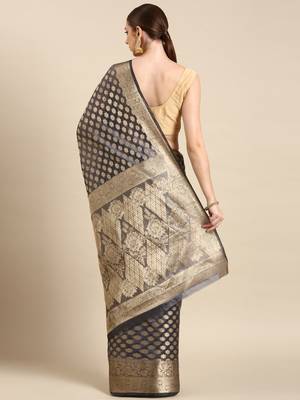 Navy Blue Organza Faux Kanjeevaram Woven Saree With Unstitched Blouse Piece 2