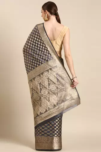 Navy Blue Organza Faux Kanjeevaram Woven Saree With Unstitched Blouse Piece