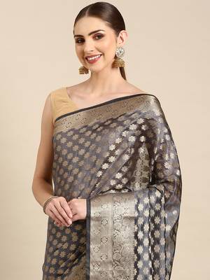 Navy Blue Organza Faux Kanjeevaram Woven Saree With Unstitched Blouse Piece 3