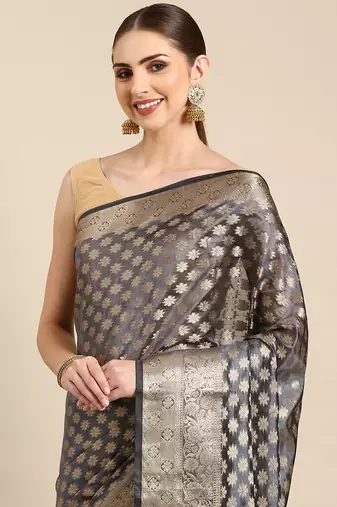 Navy Blue Organza Faux Kanjeevaram Woven Saree With Unstitched Blouse Piece