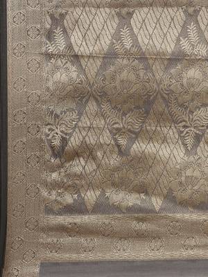 Navy Blue Organza Faux Kanjeevaram Woven Saree With Unstitched Blouse Piece 4