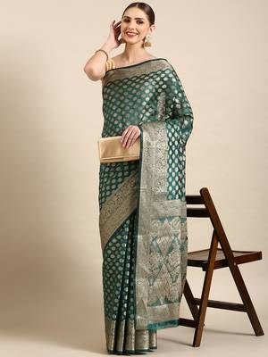 Rama Organza Faux Kanjeevaram Woven Saree With Unstitched Blouse Piece 1
