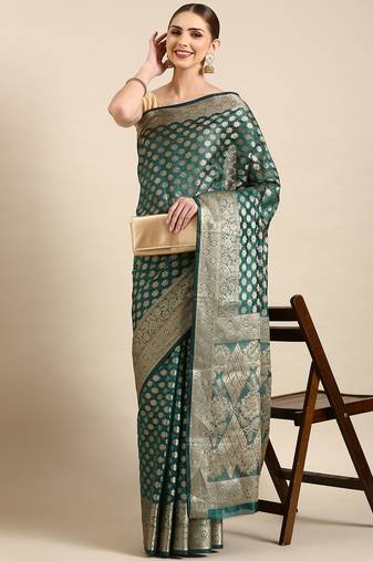 Rama Organza Faux Kanjeevaram Woven Saree With Unstitched Blouse Piece