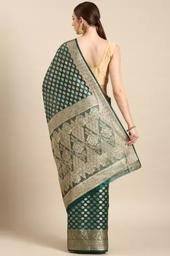 Rama Organza Faux Kanjeevaram Woven Saree With Unstitched Blouse Piece