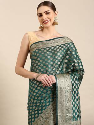 Rama Organza Faux Kanjeevaram Woven Saree With Unstitched Blouse Piece 3