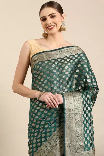 Rama Organza Faux Kanjeevaram Woven Saree With Unstitched Blouse Piece