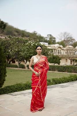   Red Orange Pure Kota Silk Hand Dyed Leheriya Saree 2