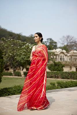  Red Orange Pure Kota Silk Hand Dyed Leheriya Saree 3