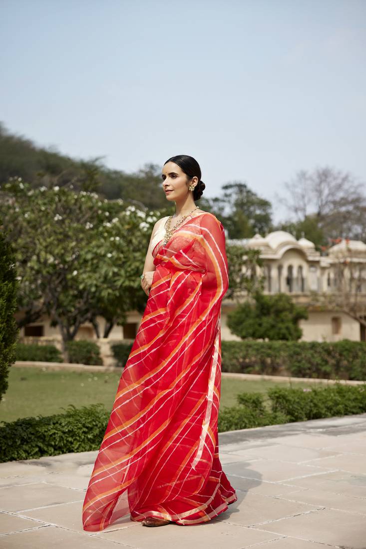 Geroo Jaipur Red Orange Pure Kota Silk Hand Dyed Leheriya Saree
