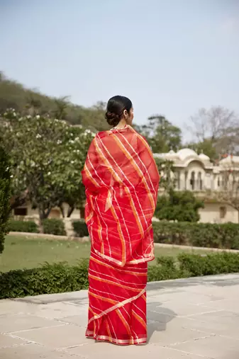   Red Orange Pure Kota Silk Hand Dyed Leheriya Saree