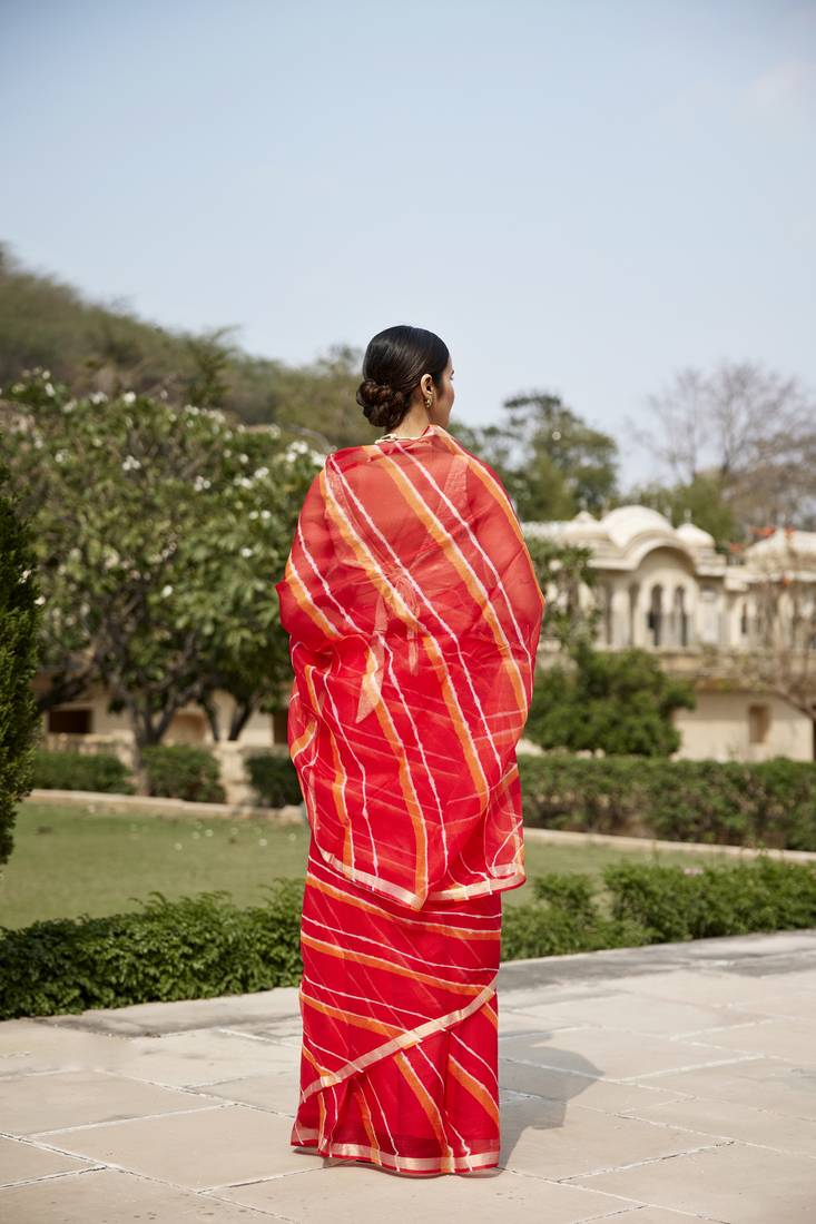 Geroo Jaipur Red Orange Pure Kota Silk Hand Dyed Leheriya Saree