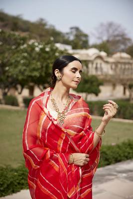   Red Orange Pure Kota Silk Hand Dyed Leheriya Saree 5