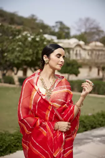   Red Orange Pure Kota Silk Hand Dyed Leheriya Saree
