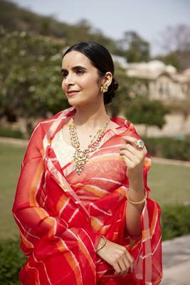   Red Orange Pure Kota Silk Hand Dyed Leheriya Saree 1