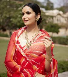   Red Orange Pure Kota Silk Hand Dyed Leheriya Saree