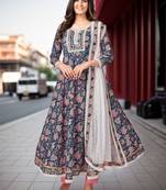 Women's Floral Print & lace Work Anarkali Cotton Blue Kurta With Pant & dupatta