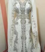 Opulent White Georgette Bridal Kaftan Gown with Silver Handwork